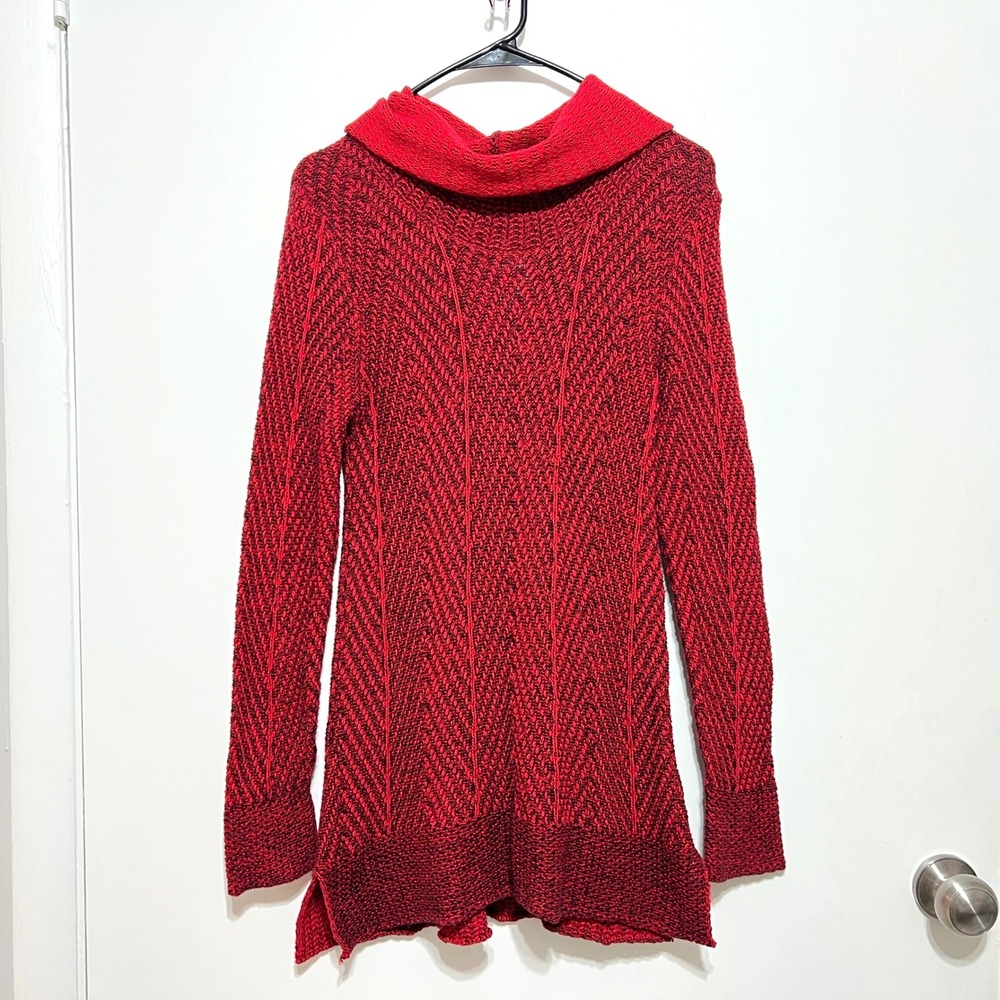 Effeci Women Knit Tunic Sweater Size M Red Black Cowl Neck Y2K Whimsigoth‎